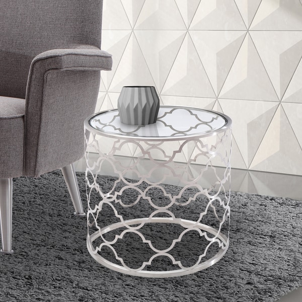 Armen Living Florence End Table In Brushed Silver Finish With Armen Living Florence End Table In Brushed Silver Finish With Clear Gl Top