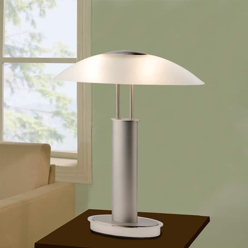 2 Tone Satin Nickel LED Touch Table Lamp with Oval Canoe and Frosted Glass Shade