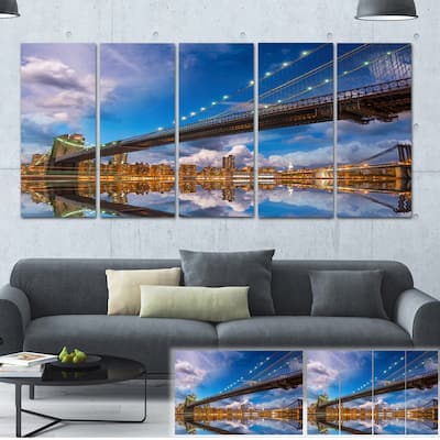 Designart "Sunset Over Brooklyn Bridge" Cityscape Photo Large Canvas Print - Brown