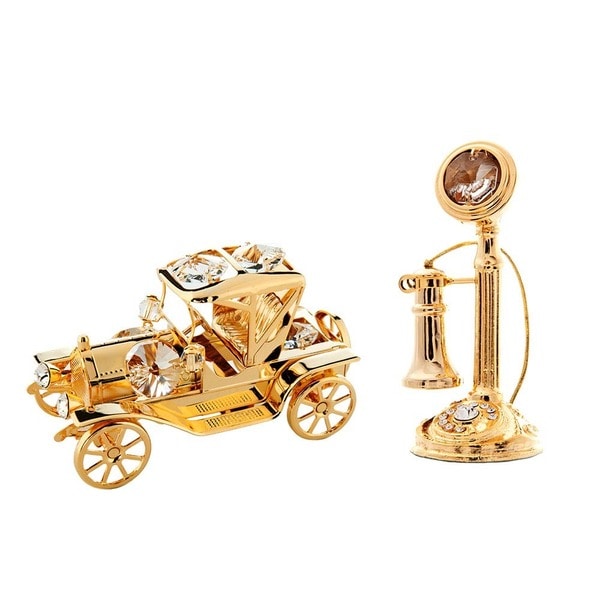 24K Gold Plated Vintage Telephone and Car Ornaments with Genuine Matashi Crystals