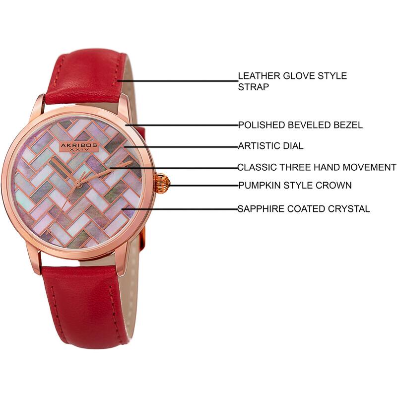Akribos XXIV Women's Japanese Quartz Leather Strap Watch - Red