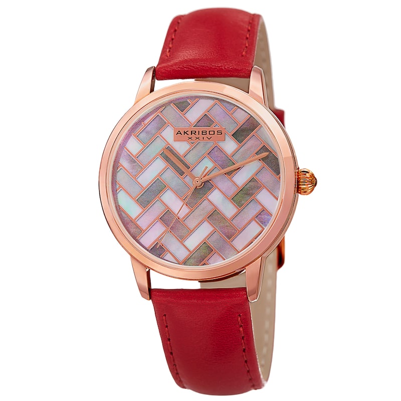 Akribos XXIV Women's Japanese Quartz Leather Strap Watch - Red