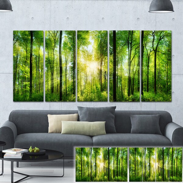Designart 'Forest with Rays of Sun Panorama' Landscape Canvas Print ...