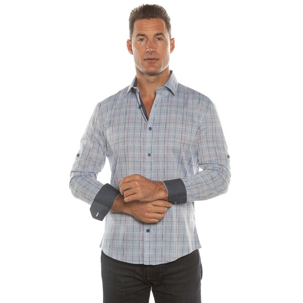 Isaac B. Blue/ Grey Plaid Long Sleeve Button Down Shirt