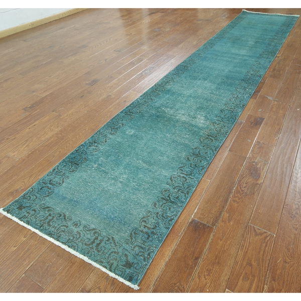 Handknotted Overdyed Teal Wool Runner Rug (2'7 x 16'5) Free Shipping