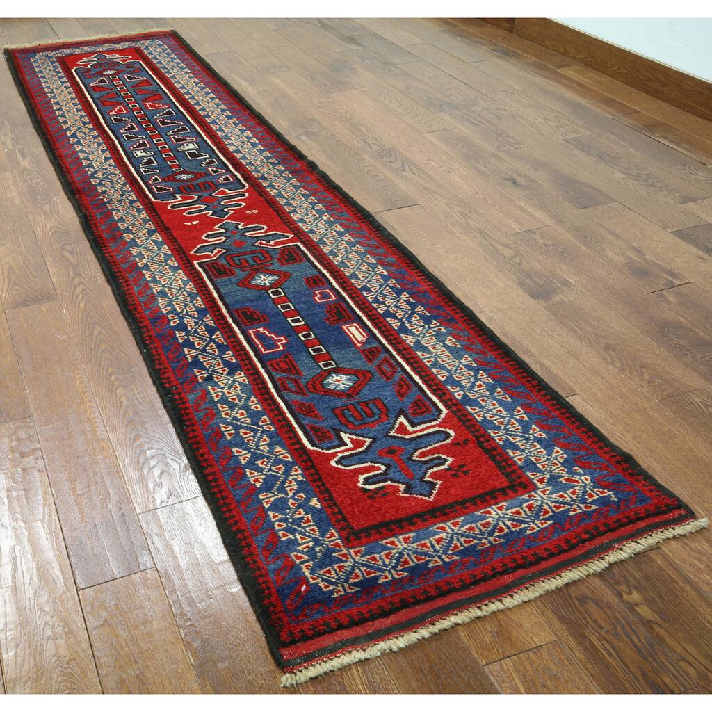 Hand-knotted Balouch Blue/Red Runner Rug (2'5 x 10'5)