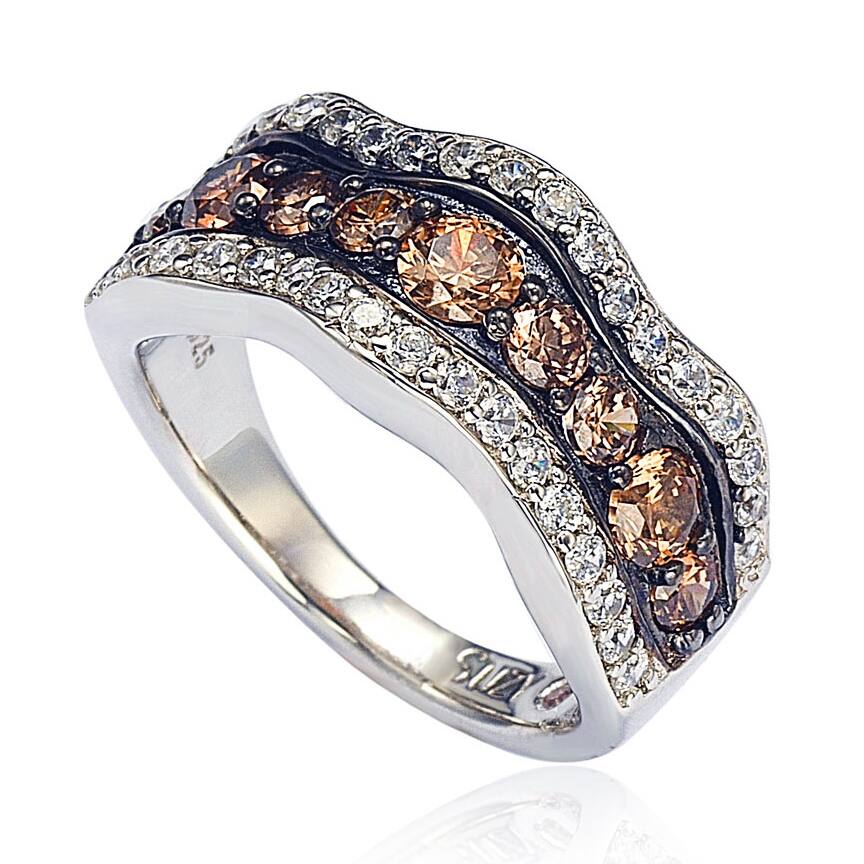 Round Pave Center Cluster Cubic Zirconia Wavy Design Wedding Ring Sterling Silver