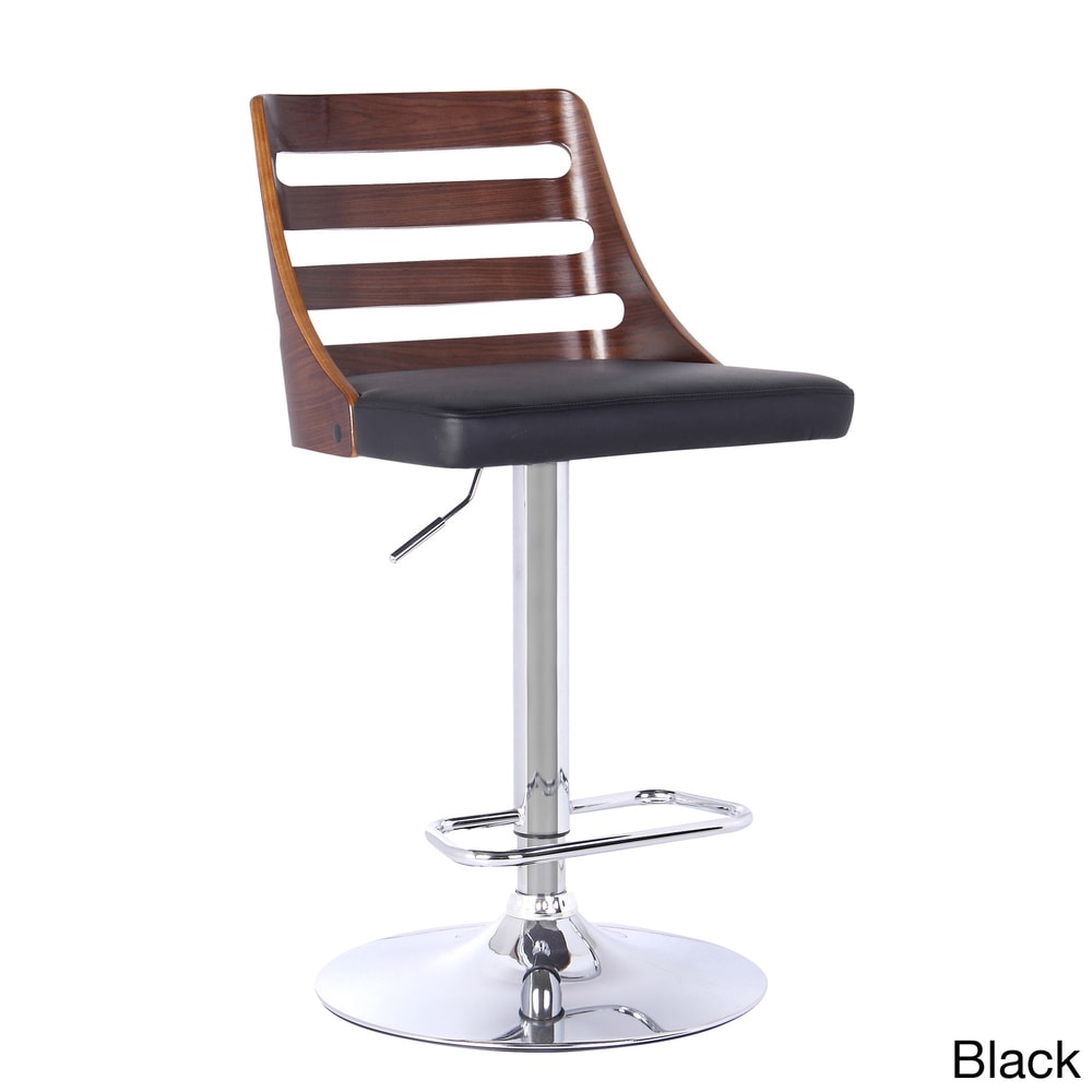 Close-up of a bar stool with wooden slatted backrest and black cushioned seat, chrome pedestal base with footrest.