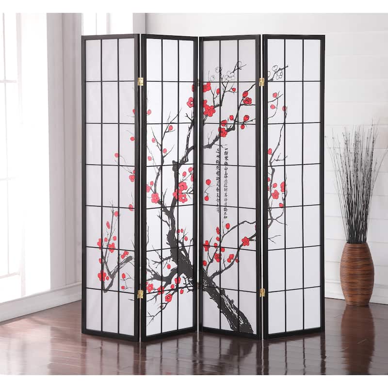Roundhill Furniture Japanese 4-Panel Screen Room Divider, Plum Blossom
