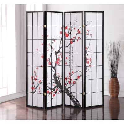Roundhill Furniture Japanese 4-Panel Screen Room Divider, Plum Blossom