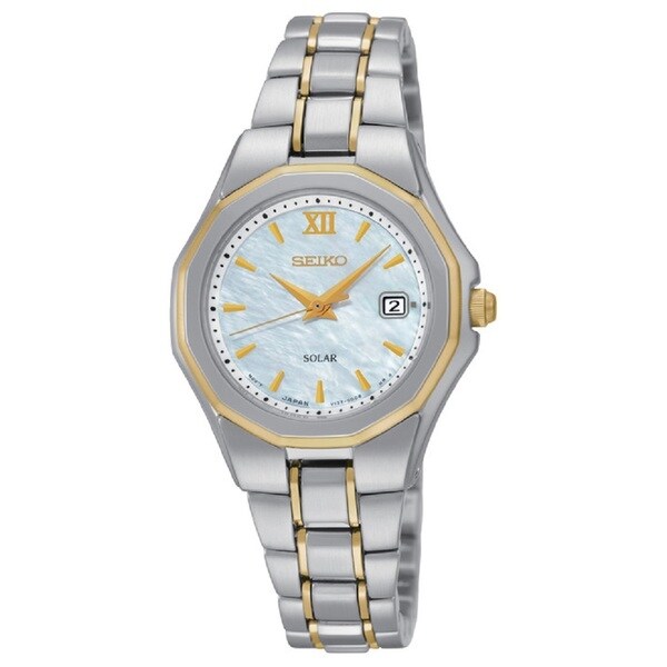 Seiko Women's SUT226 Stainless Steel Two Tone Solar Powered Watch with a Mother of Pearl Dial - silver