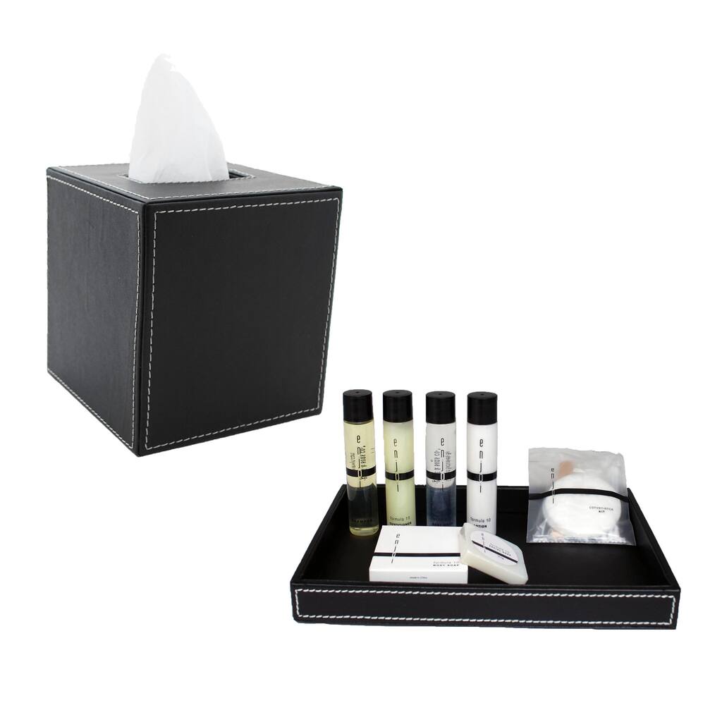 Kraftware Black Stitched with White Stitching Tissue Holder/ Amenity Tray (Set of 2)