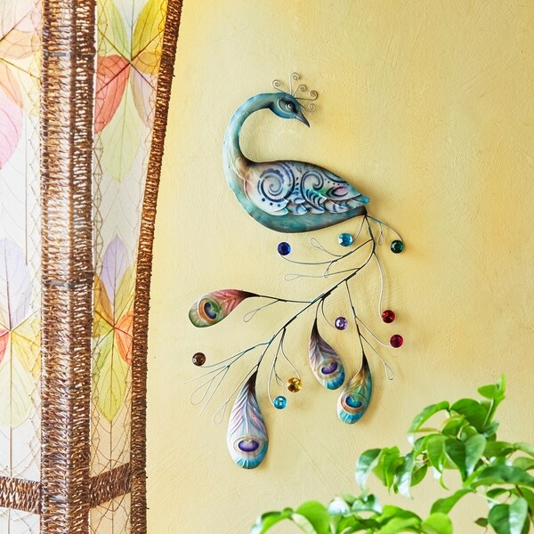 Handmade Peacock with Jewelled Tail Metal Art