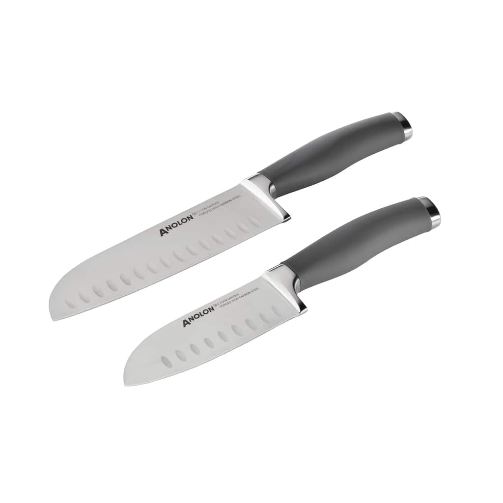 Anolon SureGrip Cutlery 2-piece Grey Japanese Stainless Steel Santoku Knife Set with Sheaths