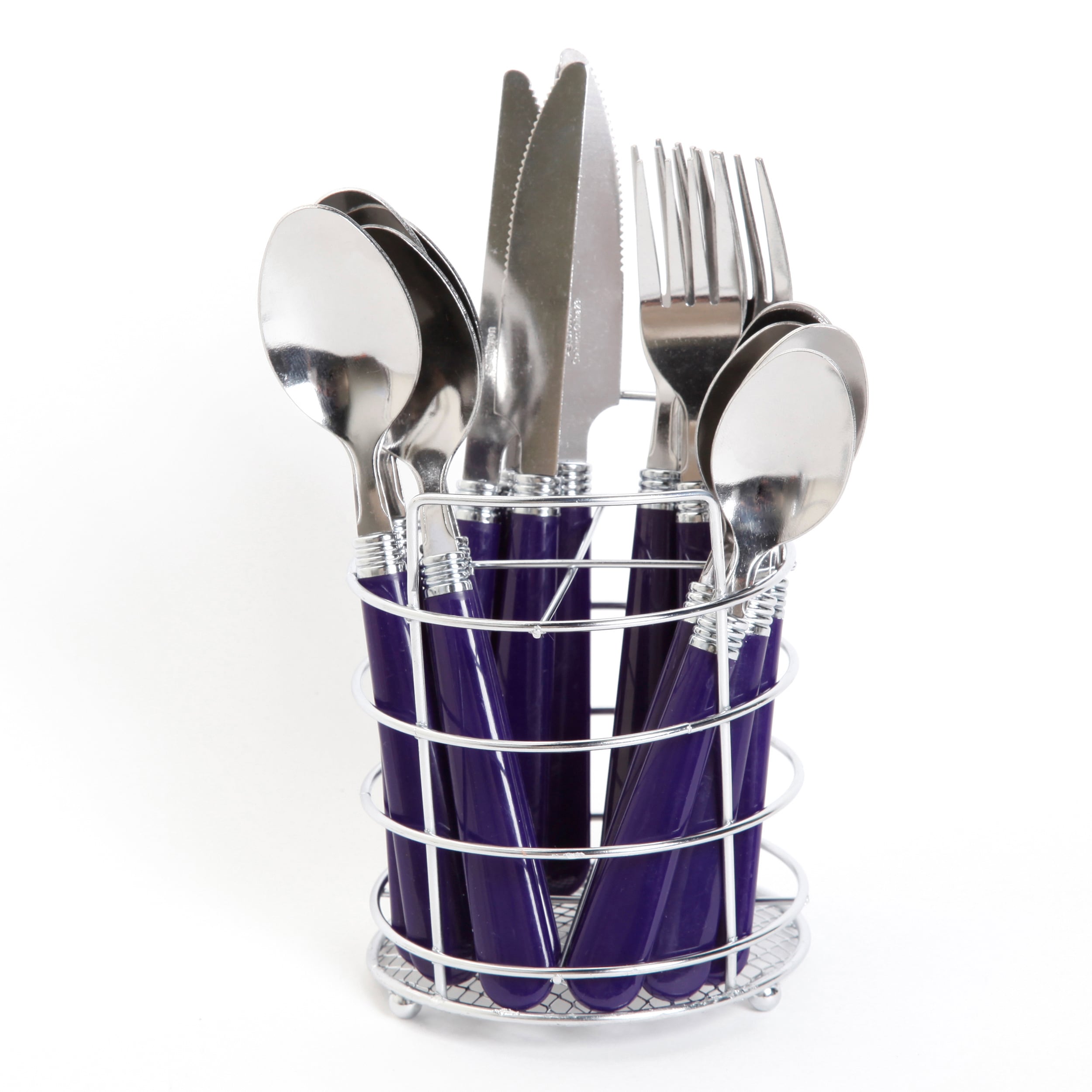 Gibson Sensations II 16 Piece Stainless Steel Flatware Set with Cobalt Handles and Chrome Caddy