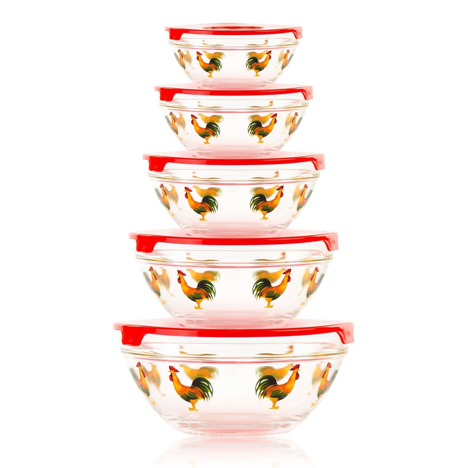 10 Piece Glass Bowl or Food Storage Bowls Set with Red Lids - Avian Design  - Bed Bath & Beyond - 11679061