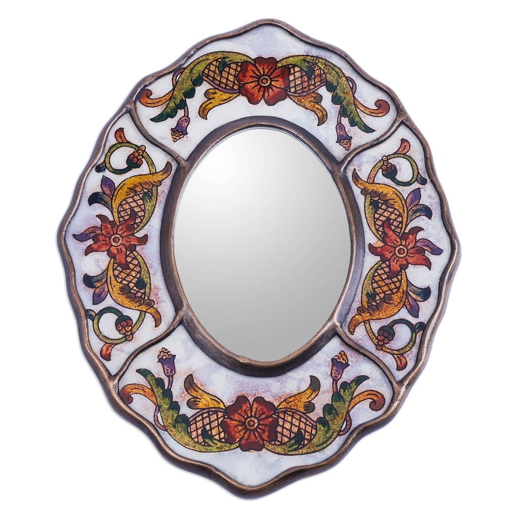 Handmade Aged White Reverse Painted Glass Mirror (Peru)