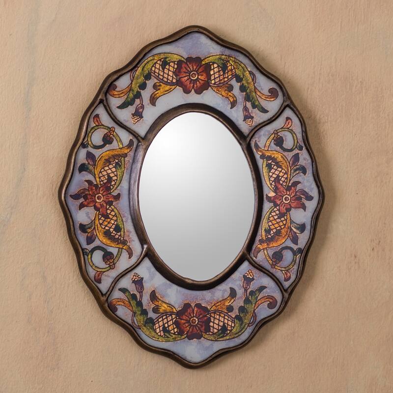 Handmade Aged White Reverse Painted Glass Mirror (Peru) - N/A
