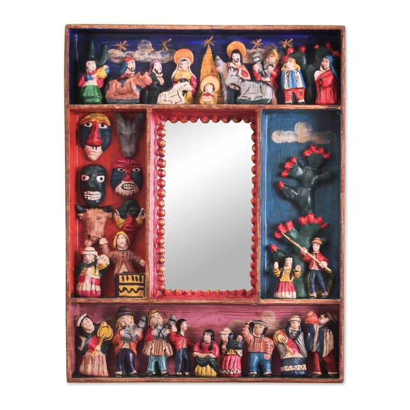 Handmade Ceramic Little Carnaval Mirror (Peru) - 11.75" H x 9.0" W x 1.4" D - 11.75" H x 9.0" W x 1.4" D - Red