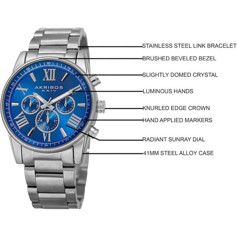 Akribos XXIV Women's Swiss Quartz Multifunction Blue Silver-tone Stainless Steel Bracelet Watch