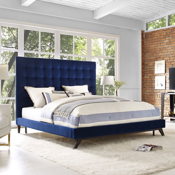 Eden Navy Velvet Tufted Platform Bed