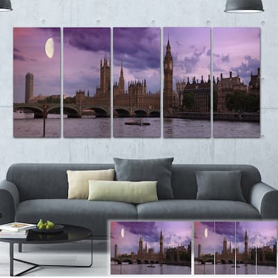 Designart "London with Purple Sky at Sunset" Cityscape Photo Large Canvas Print