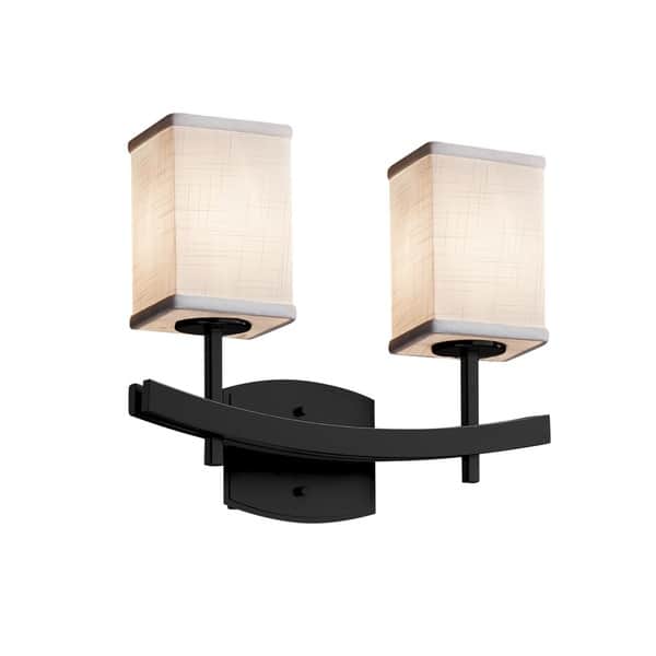 slide 1 of 1, Justice Design Textile Archway 2-light Matte Black Bath Bar, White Square - Flat Rim Shade