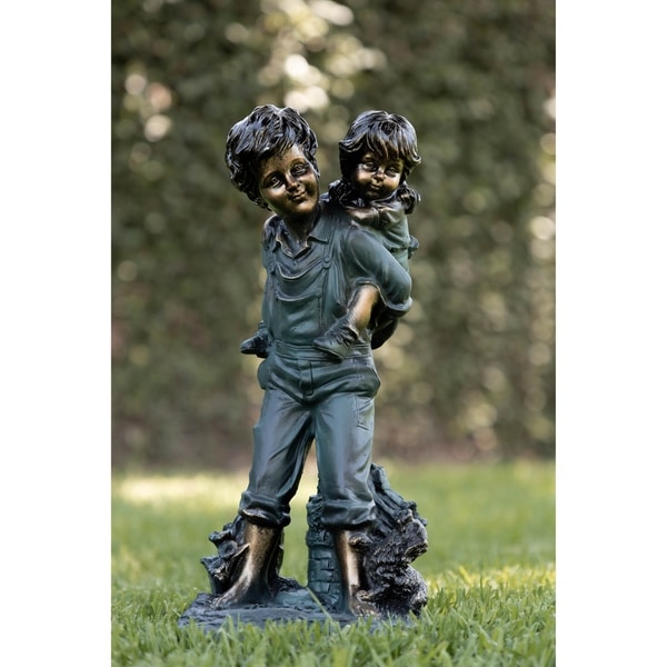 Alpine Boy Giving Piggyback Ride Statuary, 16 Inch Tall