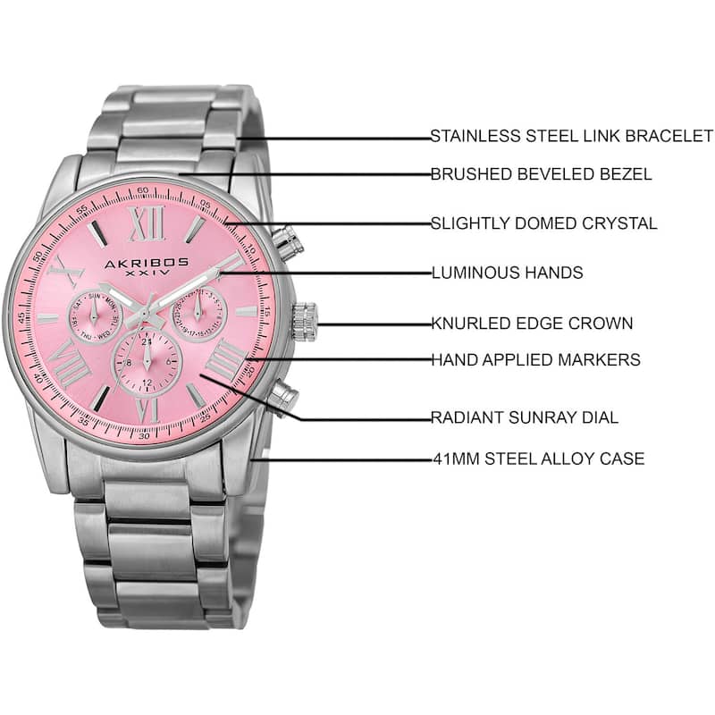 Akribos XXIV Women's Swiss Quartz Multifunction Pink Silver-tone Stainless Steel Bracelet Watch