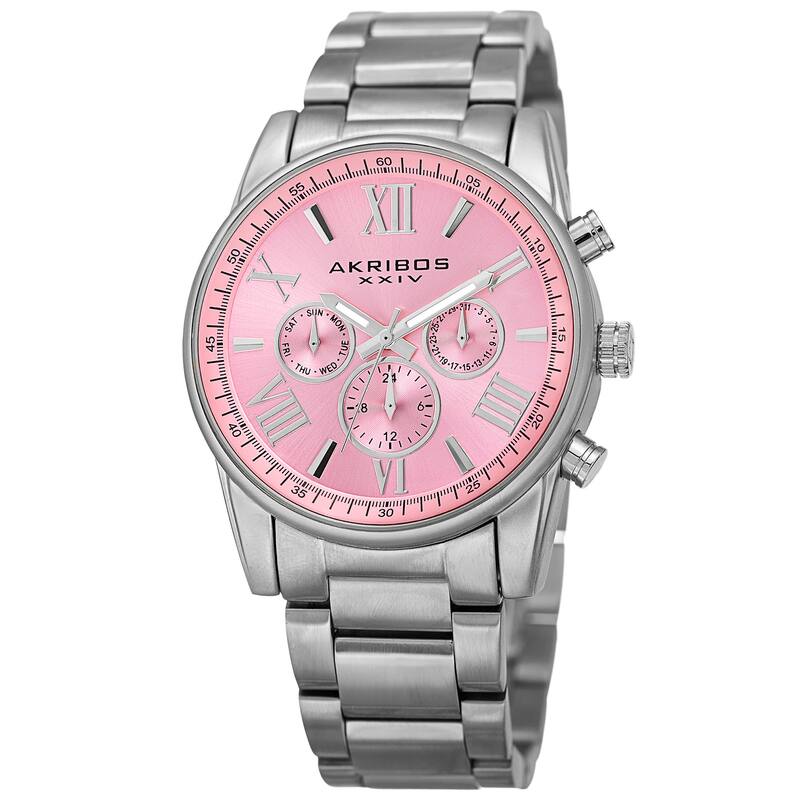 Akribos XXIV Women's Swiss Quartz Multifunction Pink Silver-tone Stainless Steel Bracelet Watch