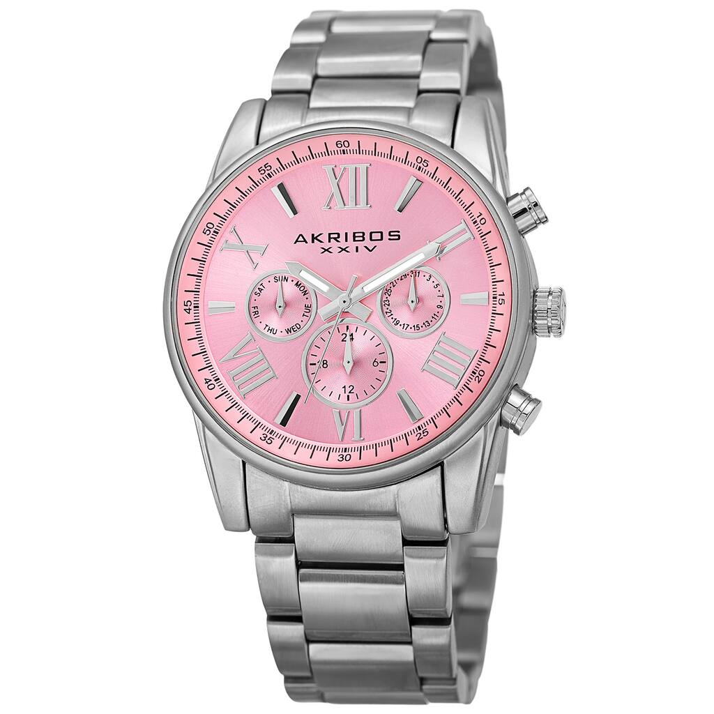 Akribos XXIV Women's Swiss Quartz Multifunction Pink Silver-tone Stainless Steel Bracelet Watch
