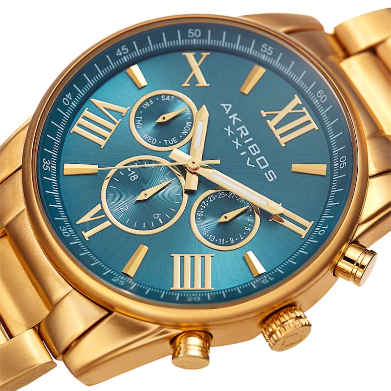 Akribos XXIV Women's Swiss Quartz Multifunction Turquoise Gold-tone Stainless Steel Bracelet Watch - Gold