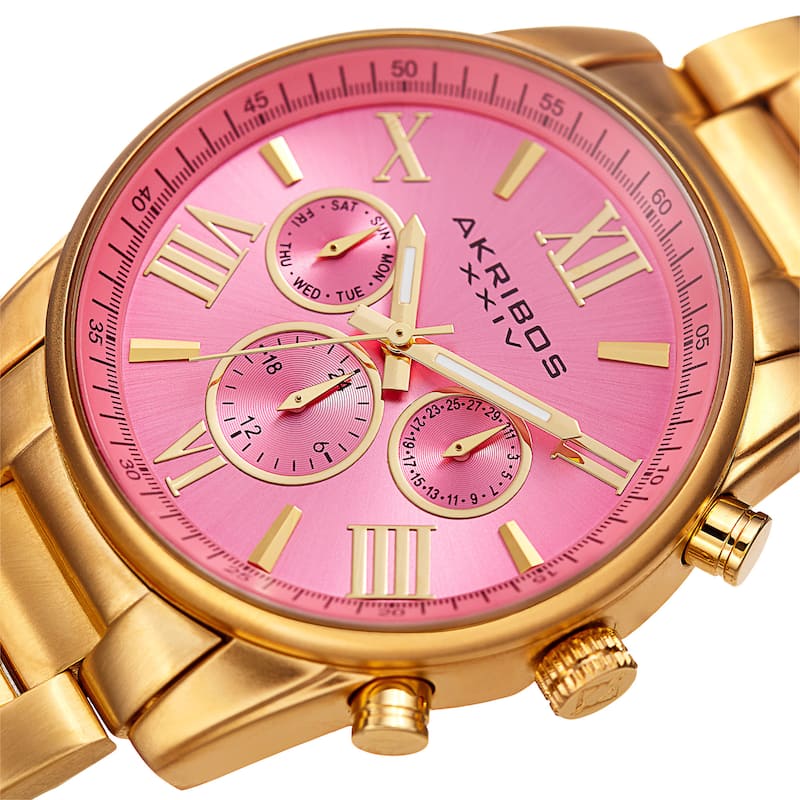 Akribos XXIV Women's Swiss Quartz Multifunction Pink Gold-tone Stainless Steel Bracelet Watch