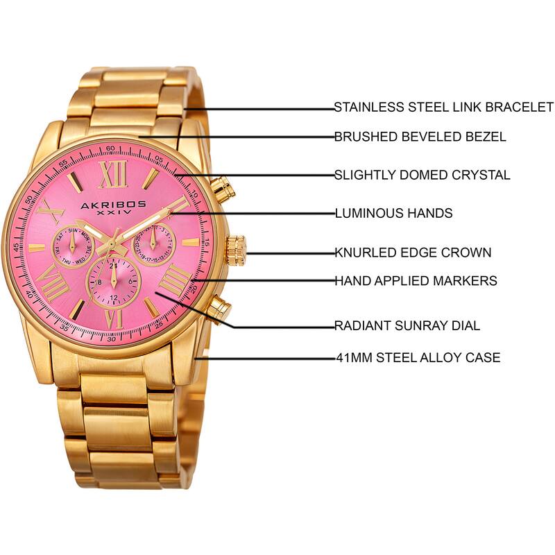 Akribos XXIV Women's Swiss Quartz Multifunction Pink Gold-tone Stainless Steel Bracelet Watch