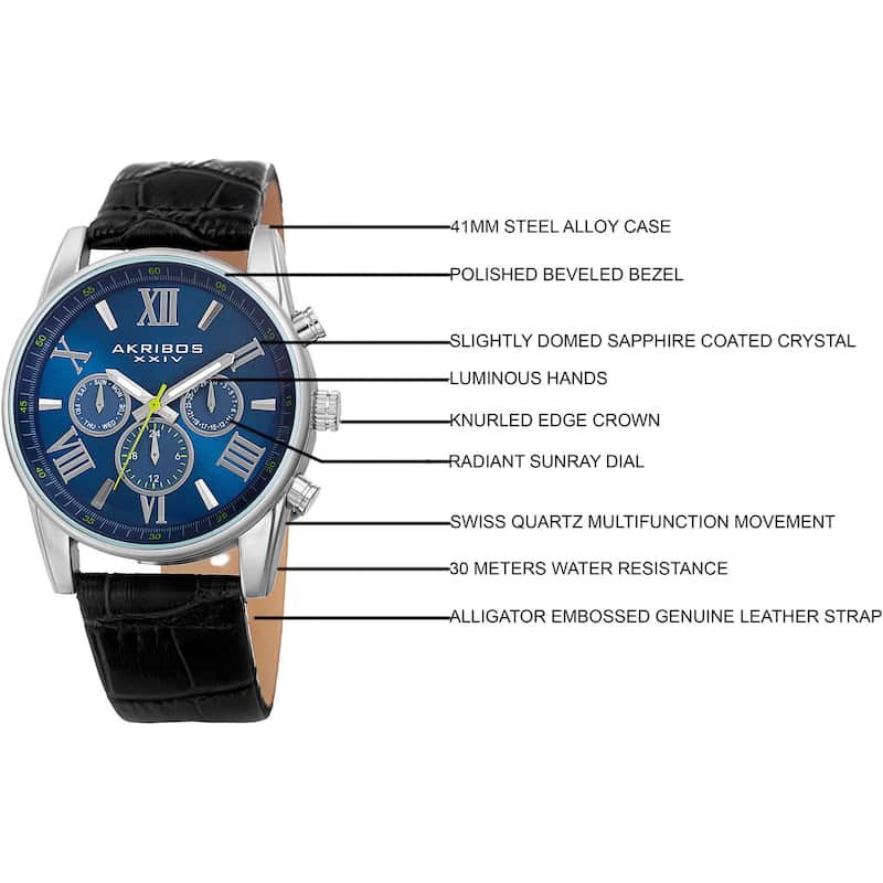 Akribos XXIV Men's Swiss Quartz Multifunction Dual-Zone Black Leather Strap Watch - BLue