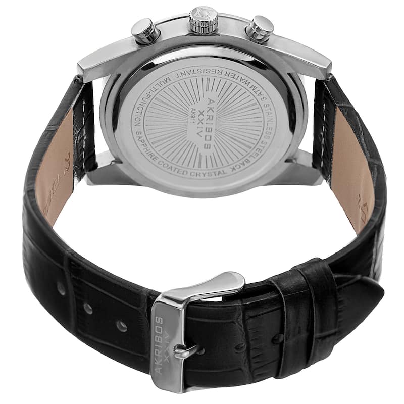 Akribos XXIV Men's Swiss Quartz Multifunction Dual-Zone Black Leather Strap Watch - BLue