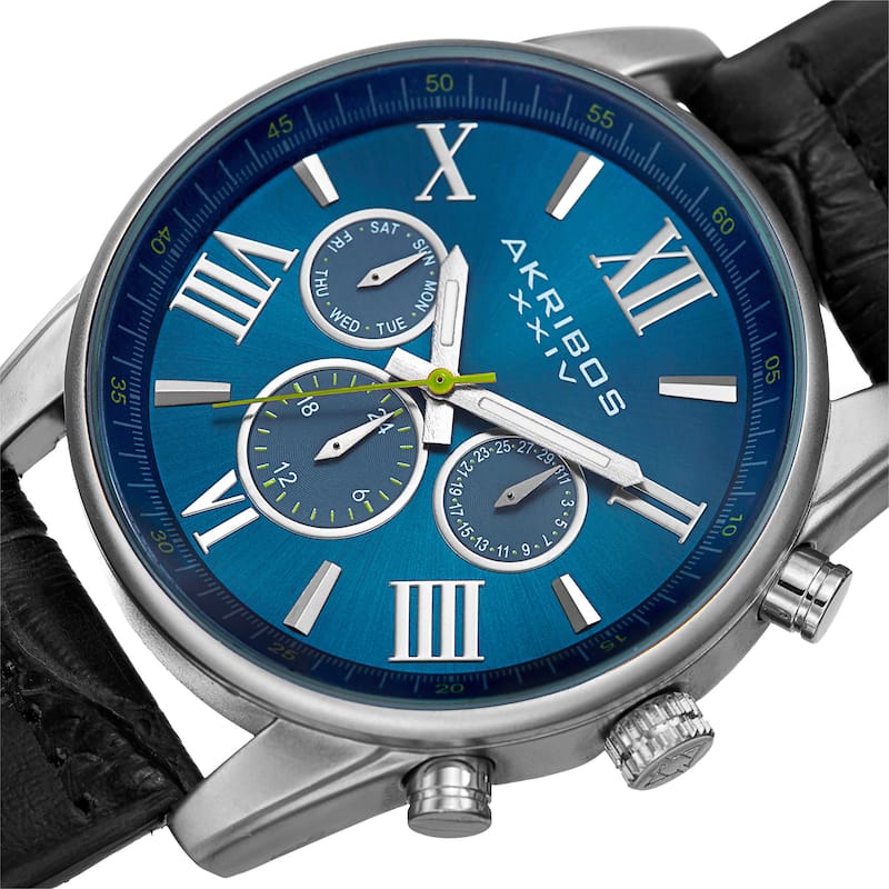 Akribos XXIV Men's Swiss Quartz Multifunction Dual-Zone Black Leather Strap Watch - BLue