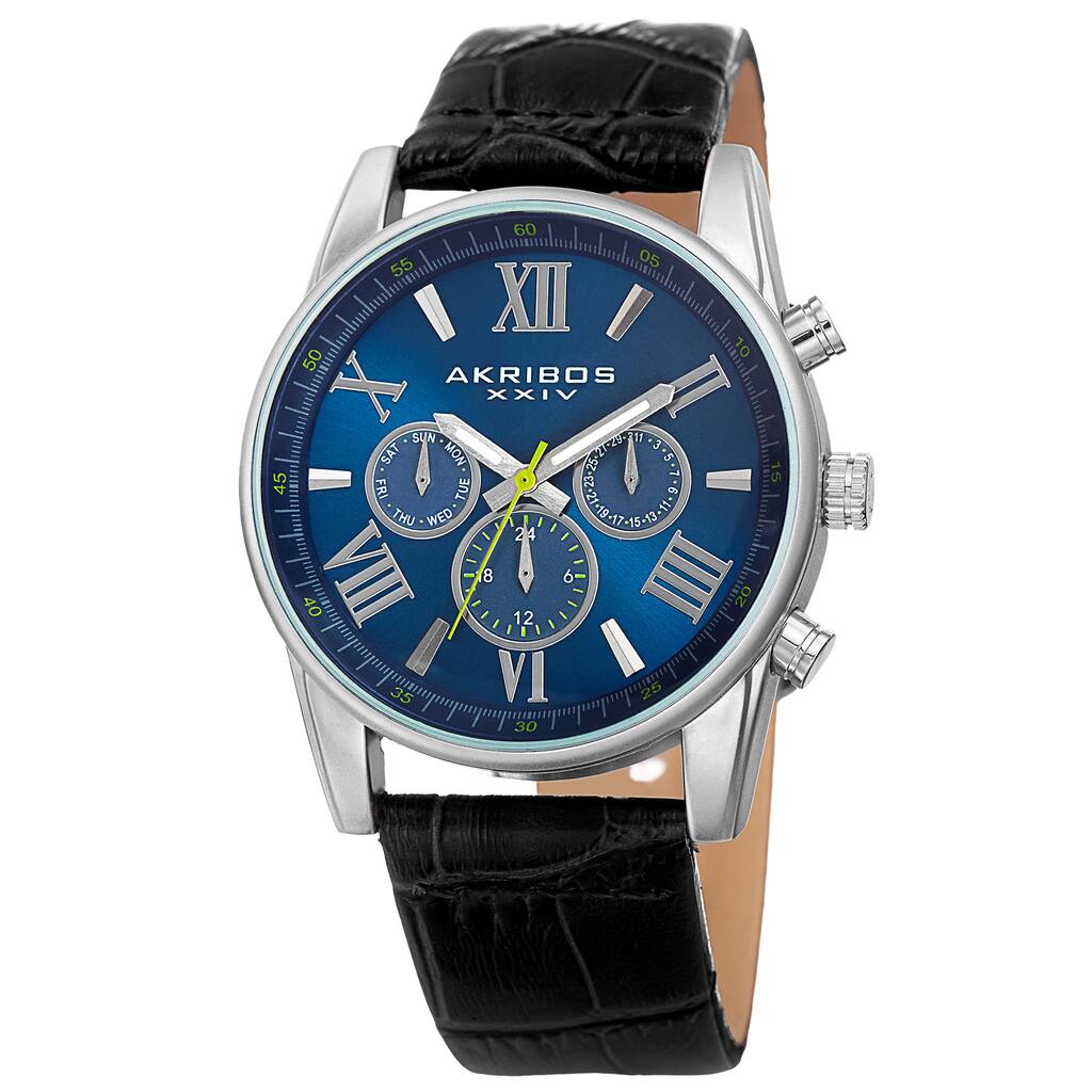 Akribos XXIV Men's Swiss Quartz Multifunction Dual-Zone Black Leather Strap Watch - BLue
