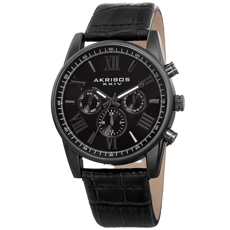 Akribos XXIV Men's Swiss Quartz Multifunction Dual-Zone Blue Leather Strap Watch