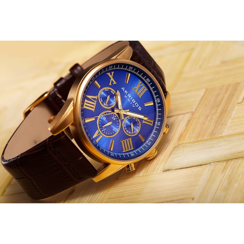 Akribos XXIV Men's Swiss Quartz Multifunction Dual-Zone Blue Leather Strap Watch