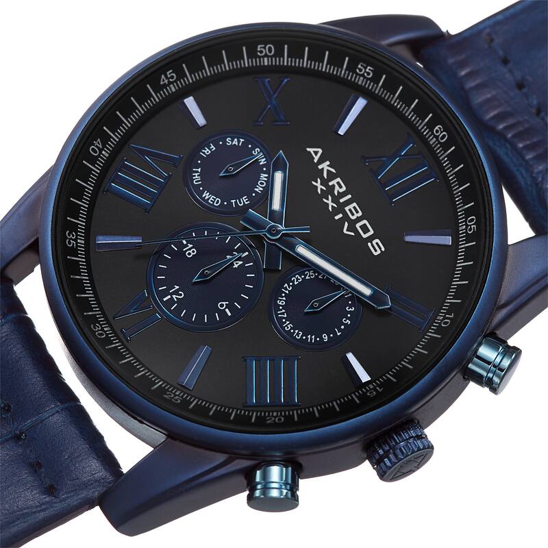 Akribos XXIV Men's Swiss Quartz Multifunction Dual-Zone Blue Leather Strap Watch