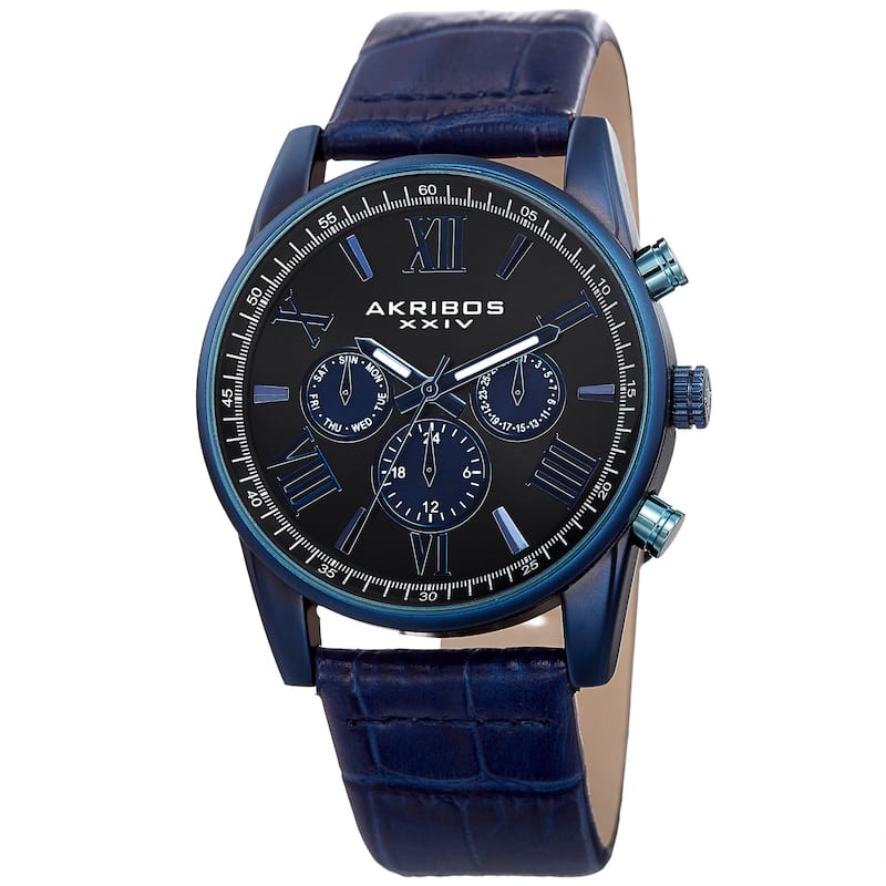 Akribos XXIV Men's Swiss Quartz Multifunction Dual-Zone Blue Leather Strap Watch - Blue Strap, Blue Dial