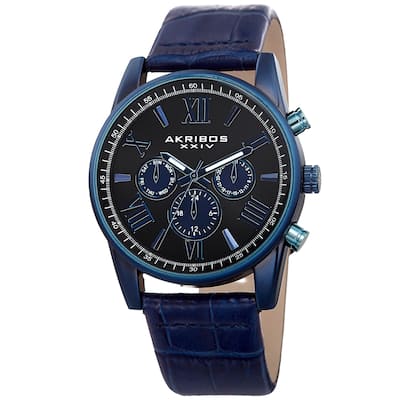Akribos XXIV Men's Swiss Quartz Multifunction Dual-Zone Blue Leather Strap Watch
