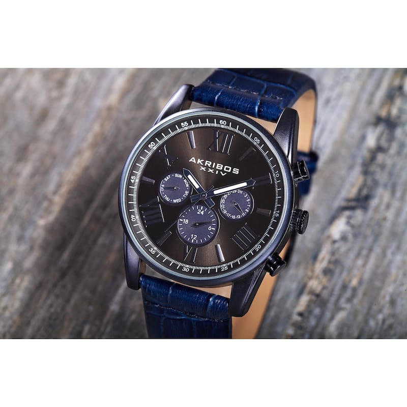 Akribos XXIV Men's Swiss Quartz Multifunction Dual-Zone Blue Leather Strap Watch