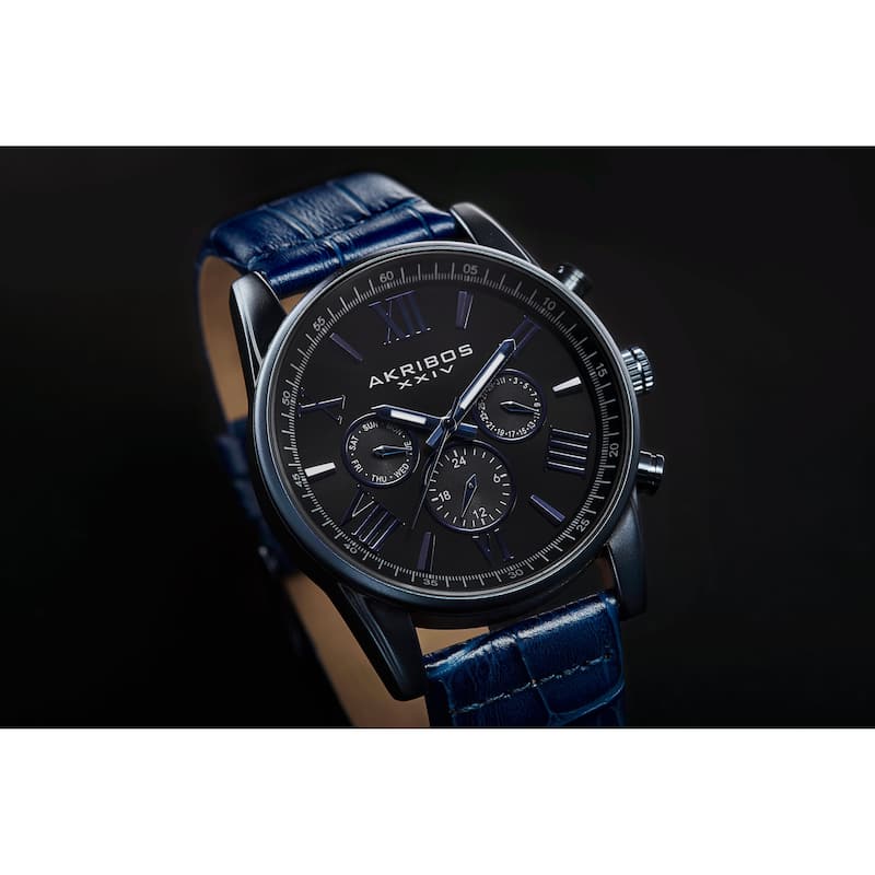 Akribos XXIV Men's Swiss Quartz Multifunction Dual-Zone Blue Leather Strap Watch