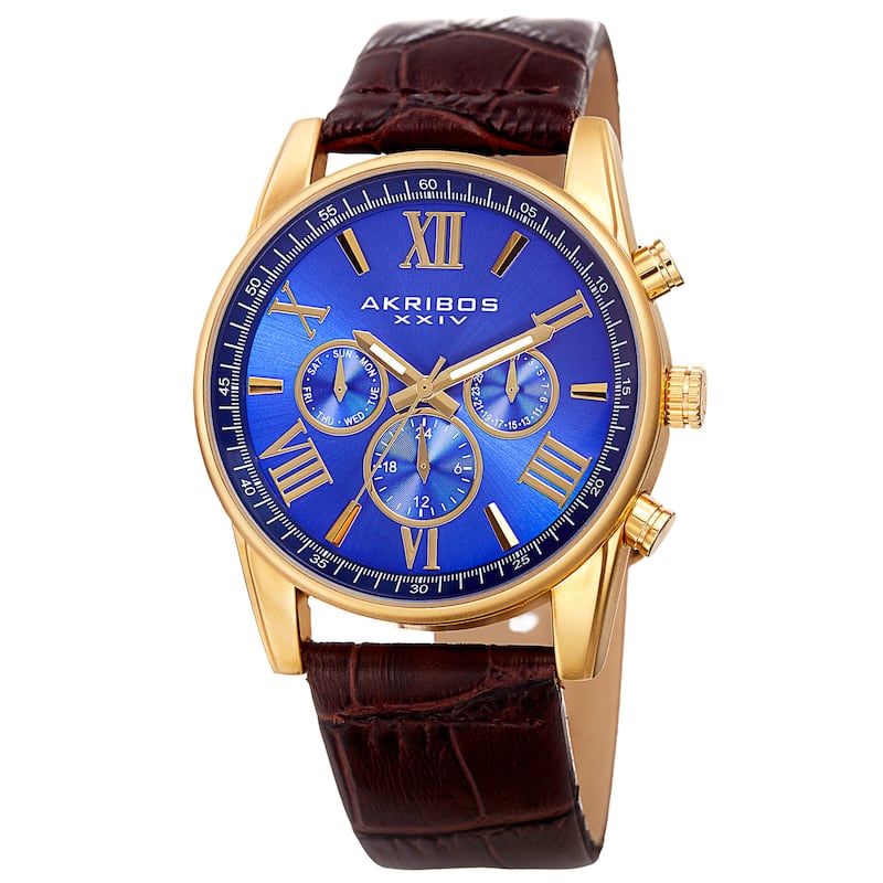 Akribos XXIV Men's Swiss Quartz Multifunction Dual-Zone Blue Leather Strap Watch