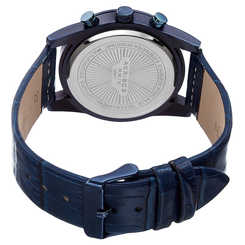Akribos XXIV Men's Swiss Quartz Multifunction Dual-Zone Blue Leather Strap Watch