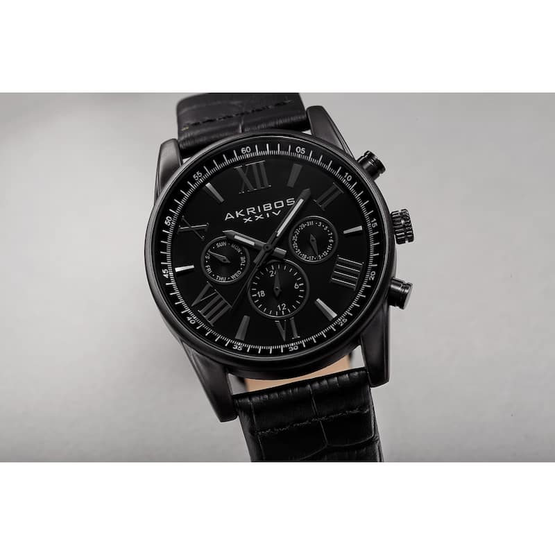 Akribos XXIV Men's Swiss Quartz Multifunction Dual-Zone Blue Leather Strap Watch