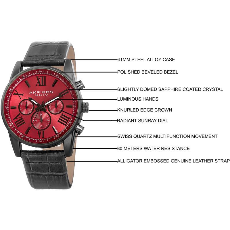 Akribos XXIV Men's Swiss Quartz Multifunction Dual-Zone Gray Leather Strap Watch - Red