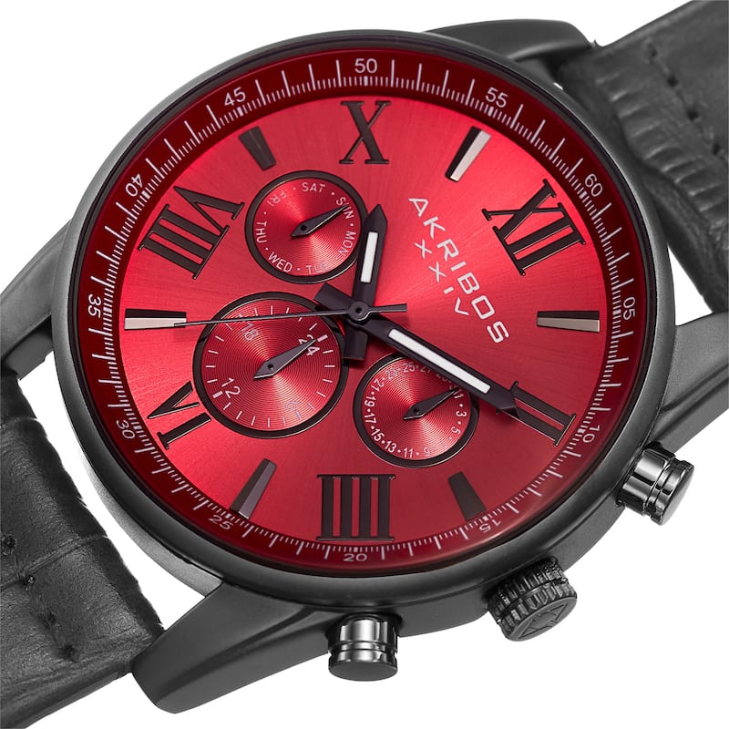 Akribos XXIV Men's Swiss Quartz Multifunction Dual-Zone Gray Leather Strap Watch - Red